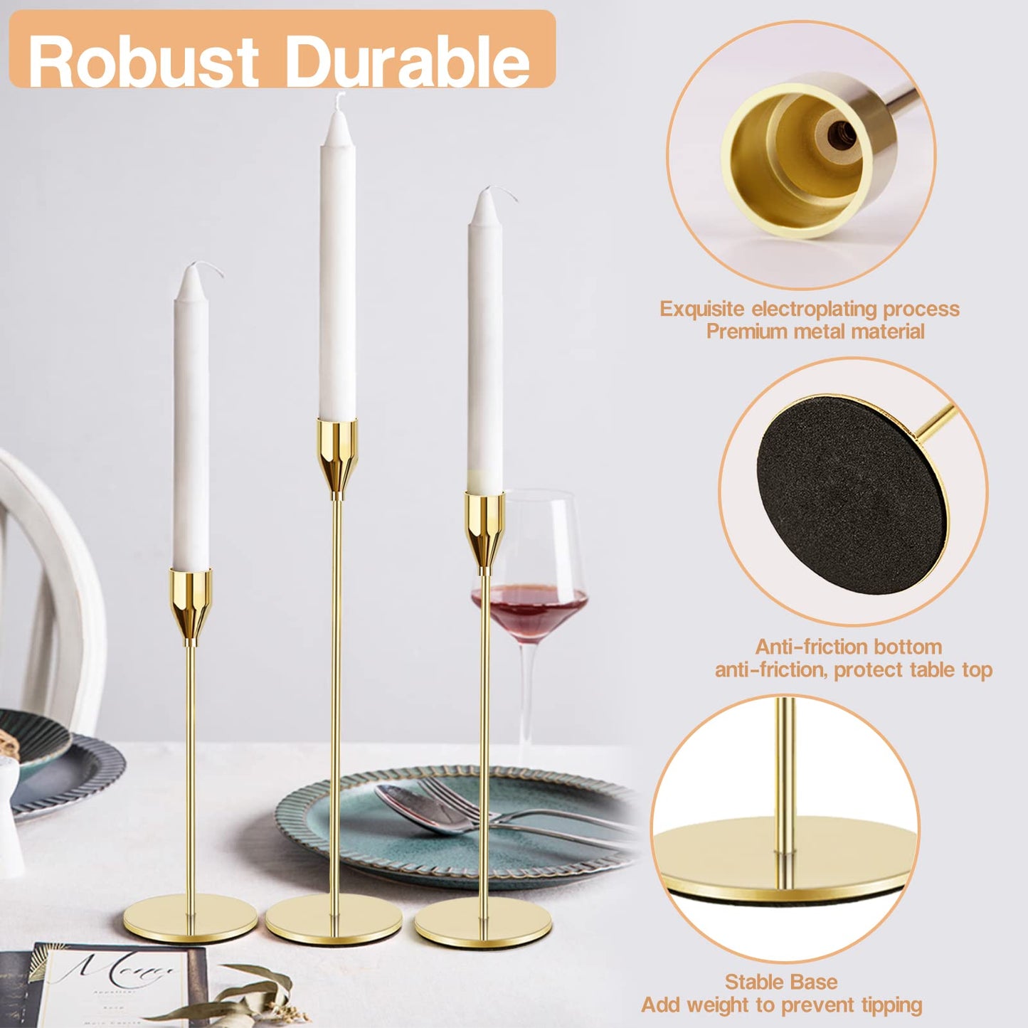 Gold Candle Holders for Taper Candles, FODIENS Set of 12 Metal Candlestick Holders, Decorative Tapered Candle Stick Holder for Wedding Dinning Anniversary Party Table Centerpiece (Bright Gold)