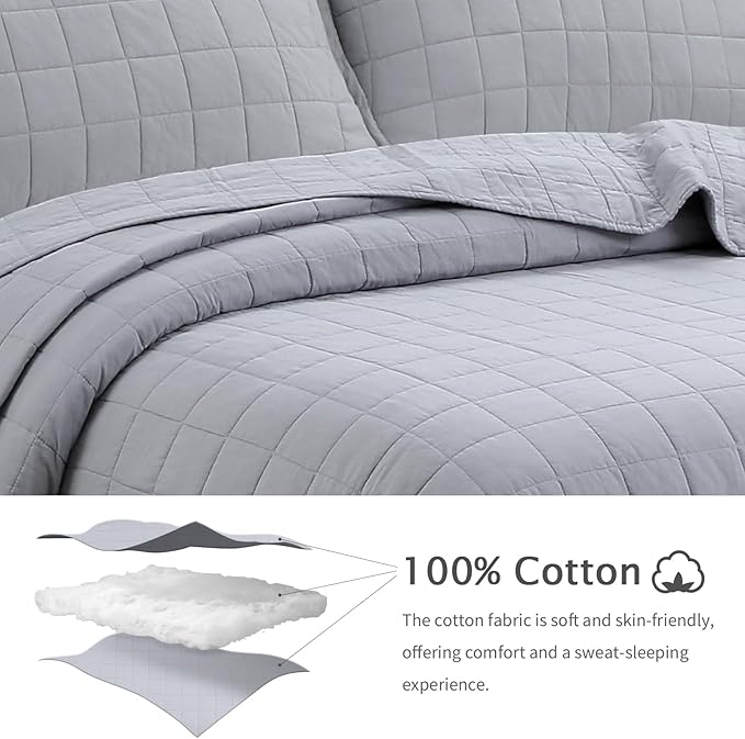 100% Cotton Quilt Sets Queen Size- Soft Lightweight Quilt Bedding Set for Bedroom Decor- Bedspread in Geometric Pattern with 2 Pillow Shams for All Season, 90x98 inches