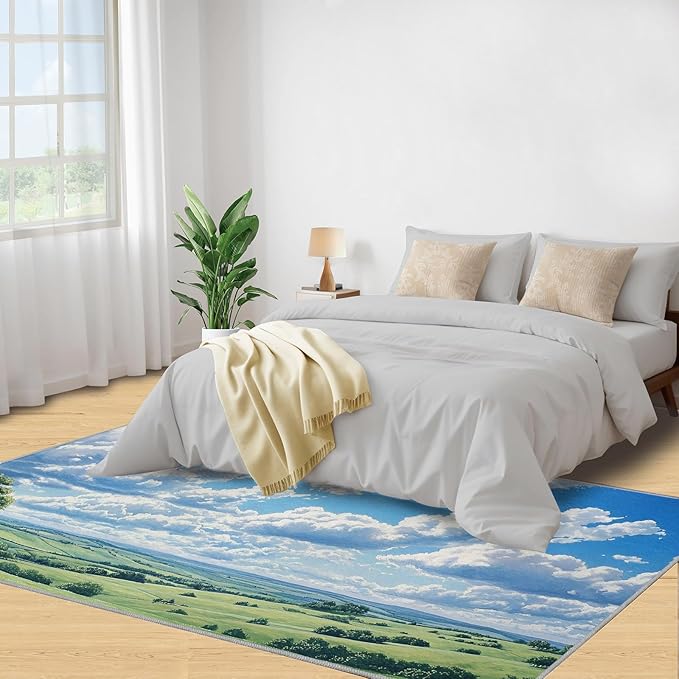 Sky and Clouds 2x3 Area Rugs for Living Room -Grassland and Pasture Washable Rug Rural Landscape Non-Slip Carpet Indoor Floor Stain Resistant Thin Carpets for Bedroom Dining Room Home Office