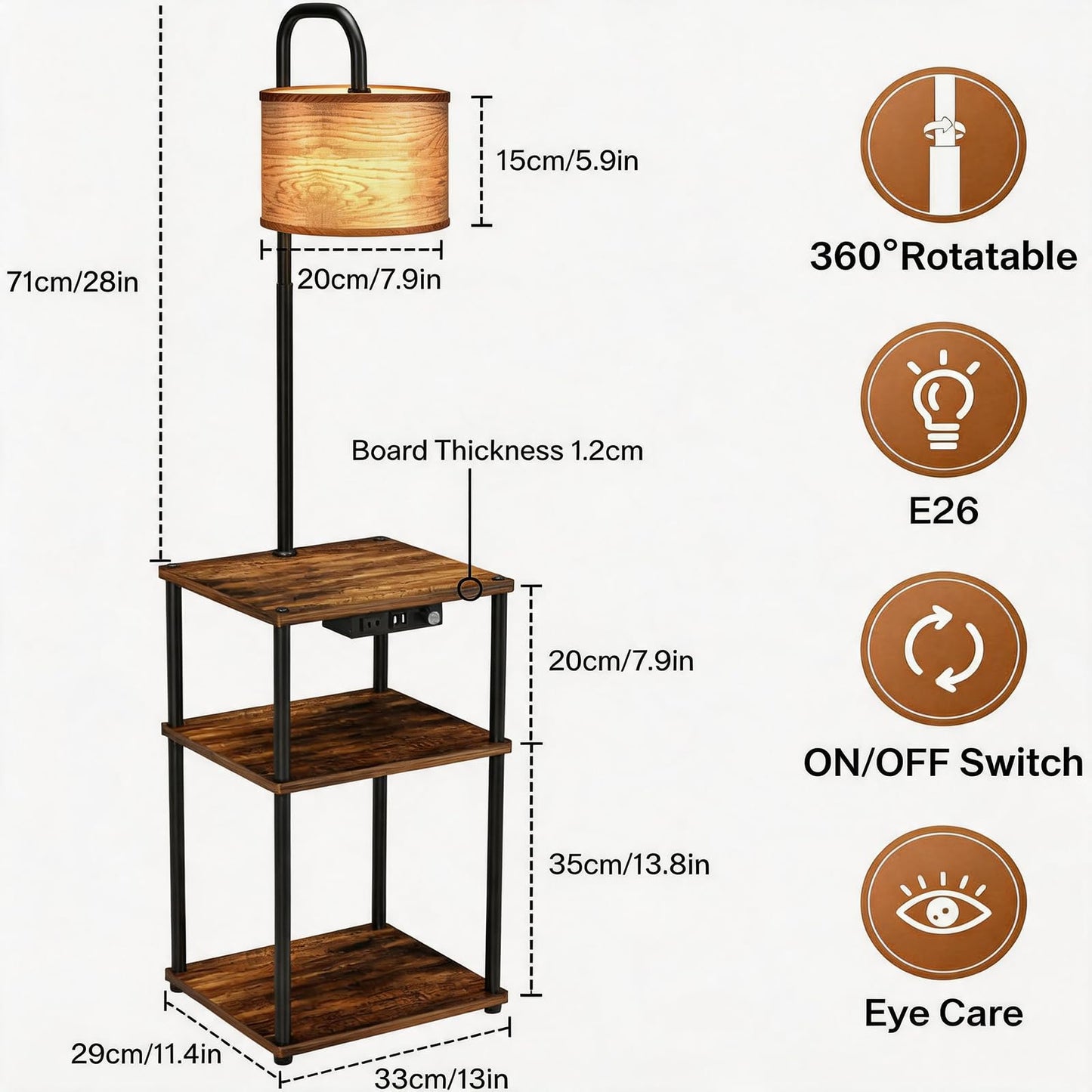 Pazarfami Floor Lamp with Table, Shelves, Side Table with USB Charging Port and Outlet, Modern Bedside Nightstand End Table with Lamp for Living Room, Bedroom, Guest Room, Bulb Included, Wood Grain