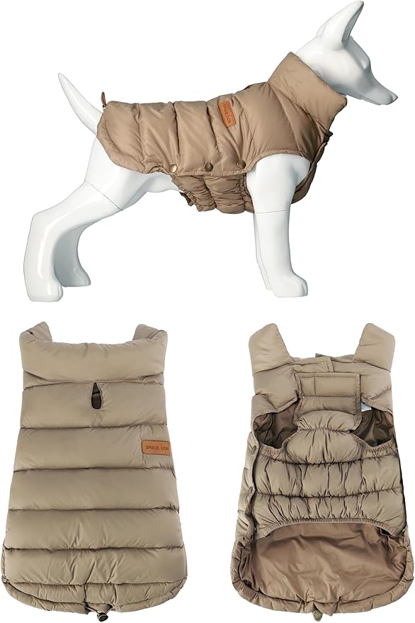SPACE LION Dog Puffer Jacket, Down Winter Coat, Durable Outdoor Coat for Cold and Windy Conditions, Lightweight & Adjustable Fit Coats for Large Dogs, (Camel, Size28/4XL)