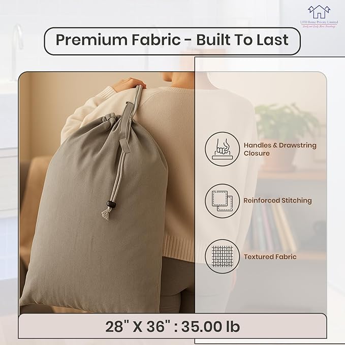 LFH Home Cotton Canvas Large Laundry Bag with Handle, Heavy Duty Drawstring Closure Washable Laundry Bags, School Travel, Home, Hotel, College Dorm, Organizer Sack, Toys Clothes 28x36 (Pack of 2)-Grey