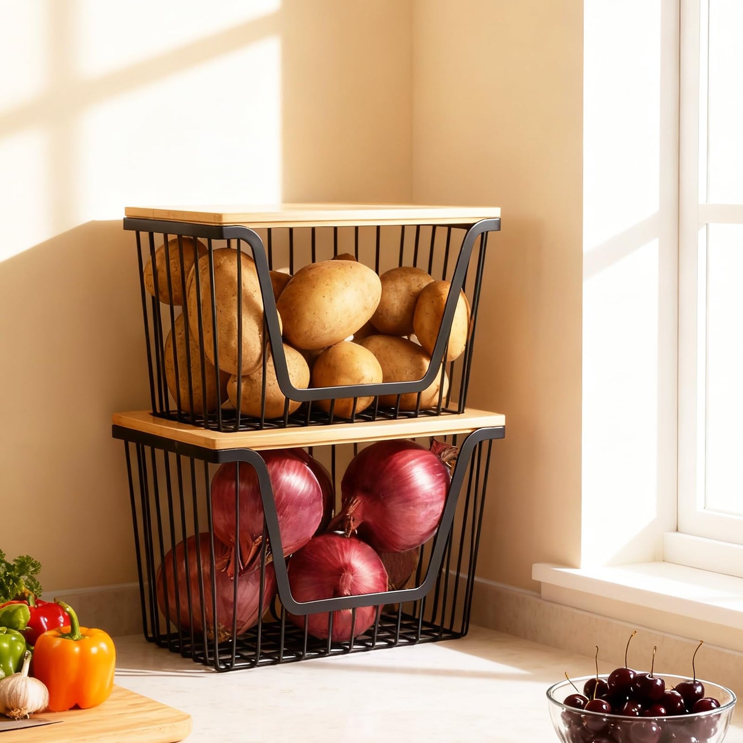 2 Pack Onion and Potato Storage Bins, Stackable Pantry Organizers Storage, Large Wire Storage Basket for Onion, Potato, Fruit, Vegetables