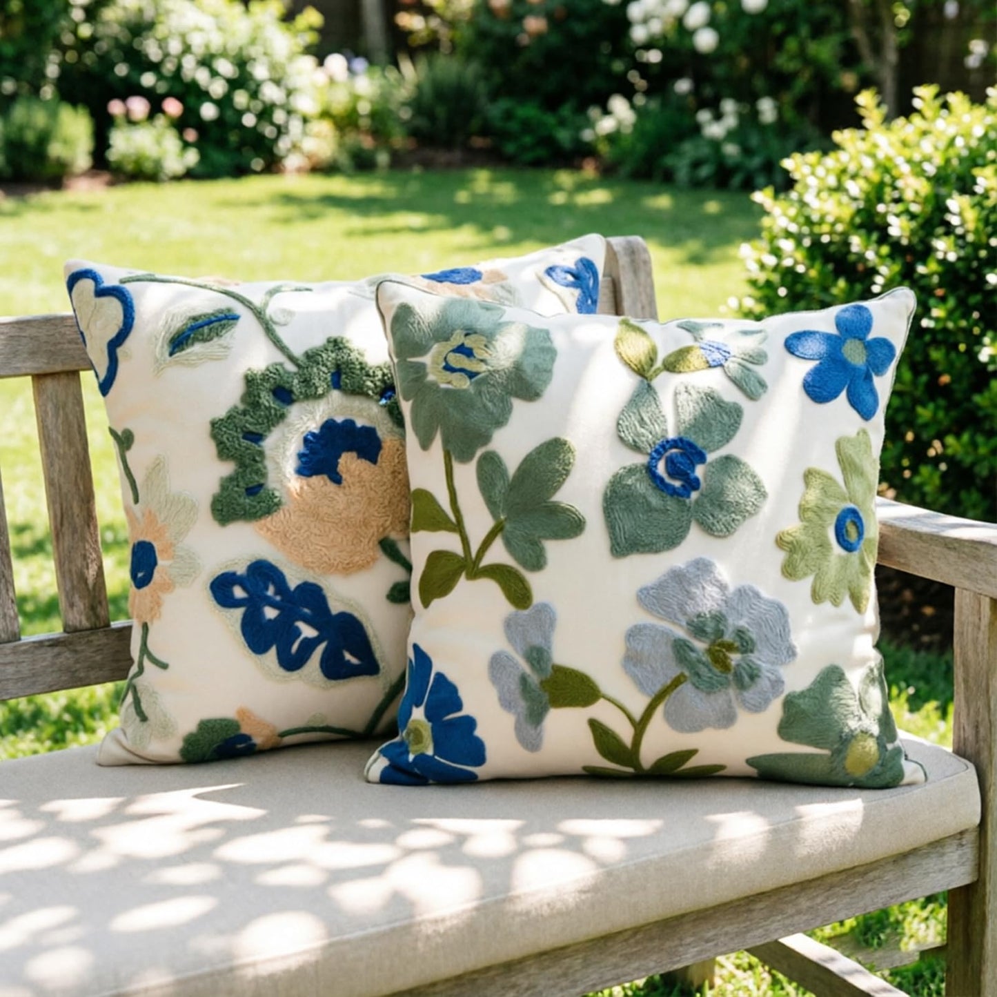 Loezexir Embroidered Throw Pillow Cover 18"x18" Set of 2,Western Boho Blue Spring Floral Decorative Pillowcase Farmhouse Aesthetic Cushion Cover Pillow Case for Outdoor Couch Sofa