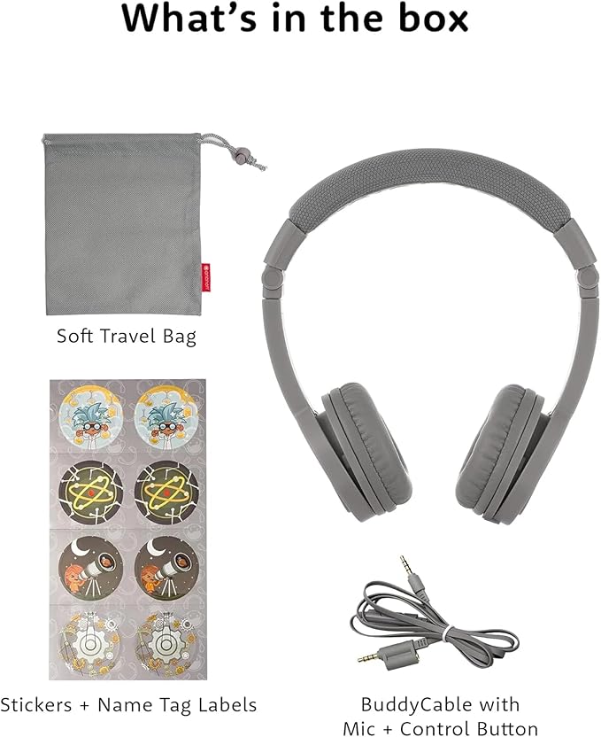 BuddyPhones Explore Plus | Foldable Kids Wired Headphones, Built-in Audio Sharing Cable with in-Line Mic - SafeAudio Volume-Limiting for Kindle, iPad, iPhone, or Android (Rose Pink)