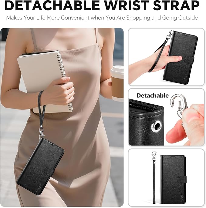 TUCCH Detachable Case Wallet for iPhone 17 Pro (6.3") 2025, Removable Wrist Strap, Wireless Charging, Stand, 4 Card Slots RFID Blocking, 2-in-1 Magnetic, PU Leather, Shockproof Cover, Textured Black