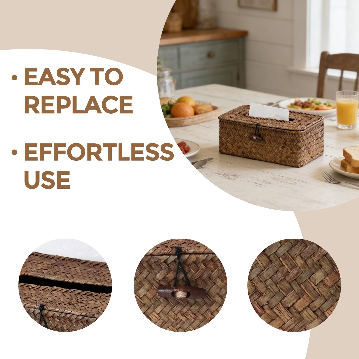 Rectangle Wicker Tissue Box Cover, Natural Seagrass Tissue Box Holder with Lid, Woven Tissue Box Decorative Facial Tissue Holder for Bathroom Office Table, Brown