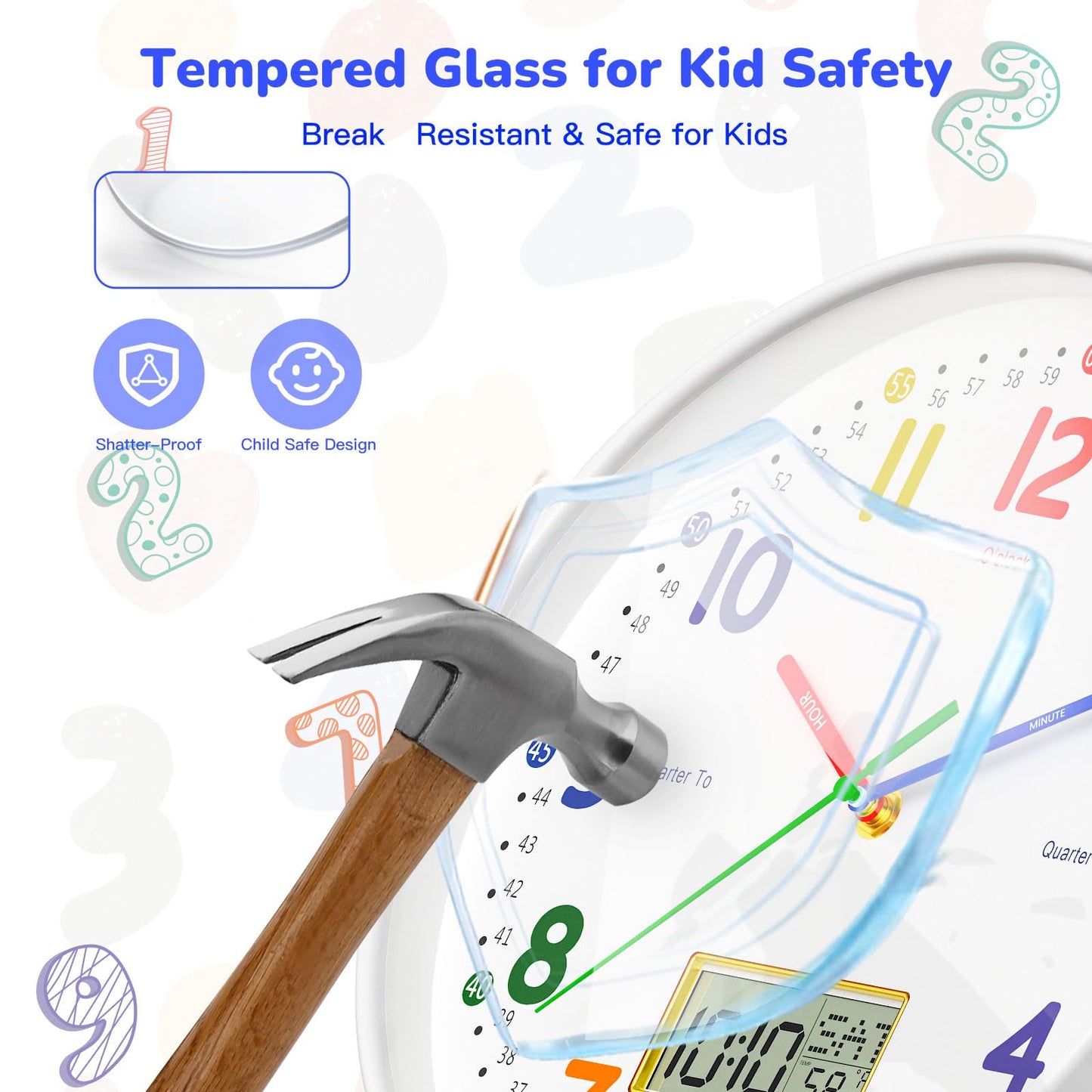 lanktoo 12" Silent Teaching Wall Clock with LCD Date Weekday Temperature Display – Tempered Glass, Non-Ticking Battery Operated Learning Clock for Kids Room, Classroom, Home Decor