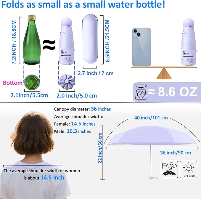 BAODINI Travel Essentials Mini Umbrella for Purse With Case Small Compact UV Sun Protection Lightweight Tiny Pocket Manual Open Close Umbrella for Women Kids and Men Fit Purse Backpack