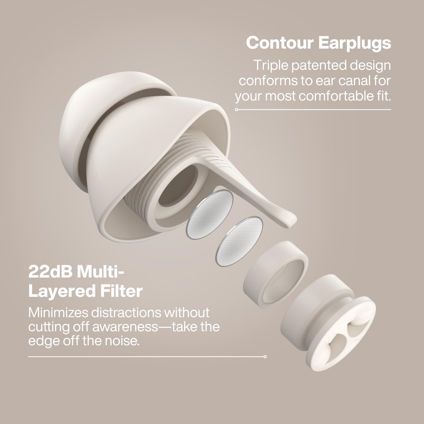 EARPEACE Everyday Noise Control & Noise Reduction Ear Plugs - High-Fidelity Earplugs, Comfortable & Reusable Earplugs for Travel, Sleep, Work, Snoring Blocking, Includes Carrying Case - Cream