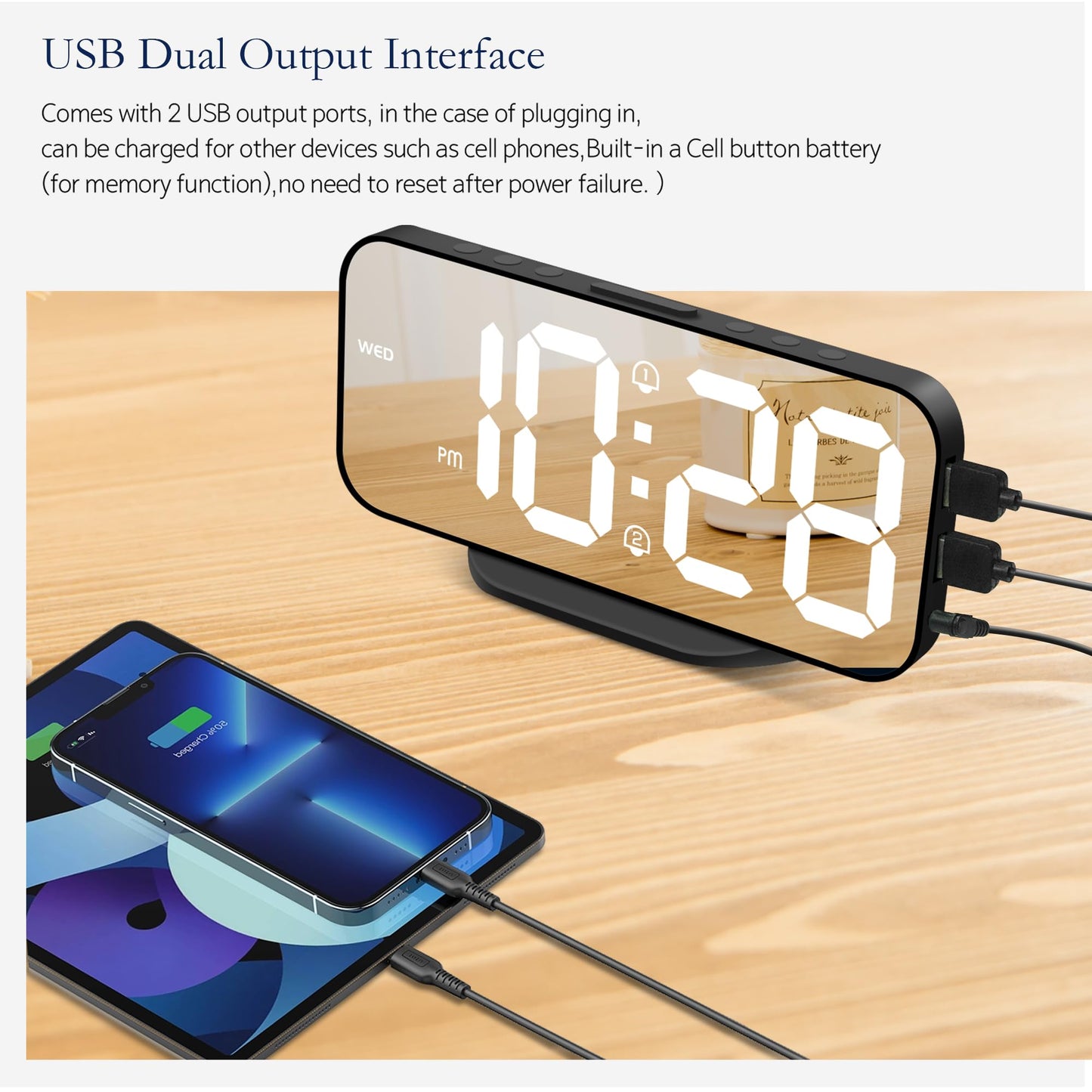 SMOUPING Digital Alarm Clock for Bedroom,6.7" LED Clock Mirror Surface with 2 USB Charger Port,Adjustable Brightness,Dual Alarm,Snooze,12/24H/Large Display Clock for Room Decor(Black)