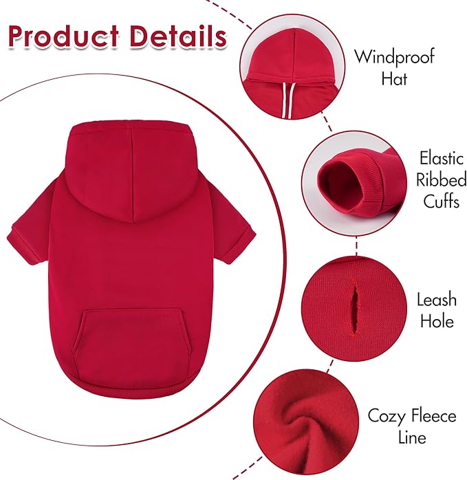 BAOBICUTE Dog Basic Hoodie Soft Dog Clothes Cold Weather Sweaters for Medium Large Dogs Cozy Fabric Warm Sweatshirt with Leash Hole (Red, M (Back: 16.54",Chest: 22.05", Neck: 16.54"))