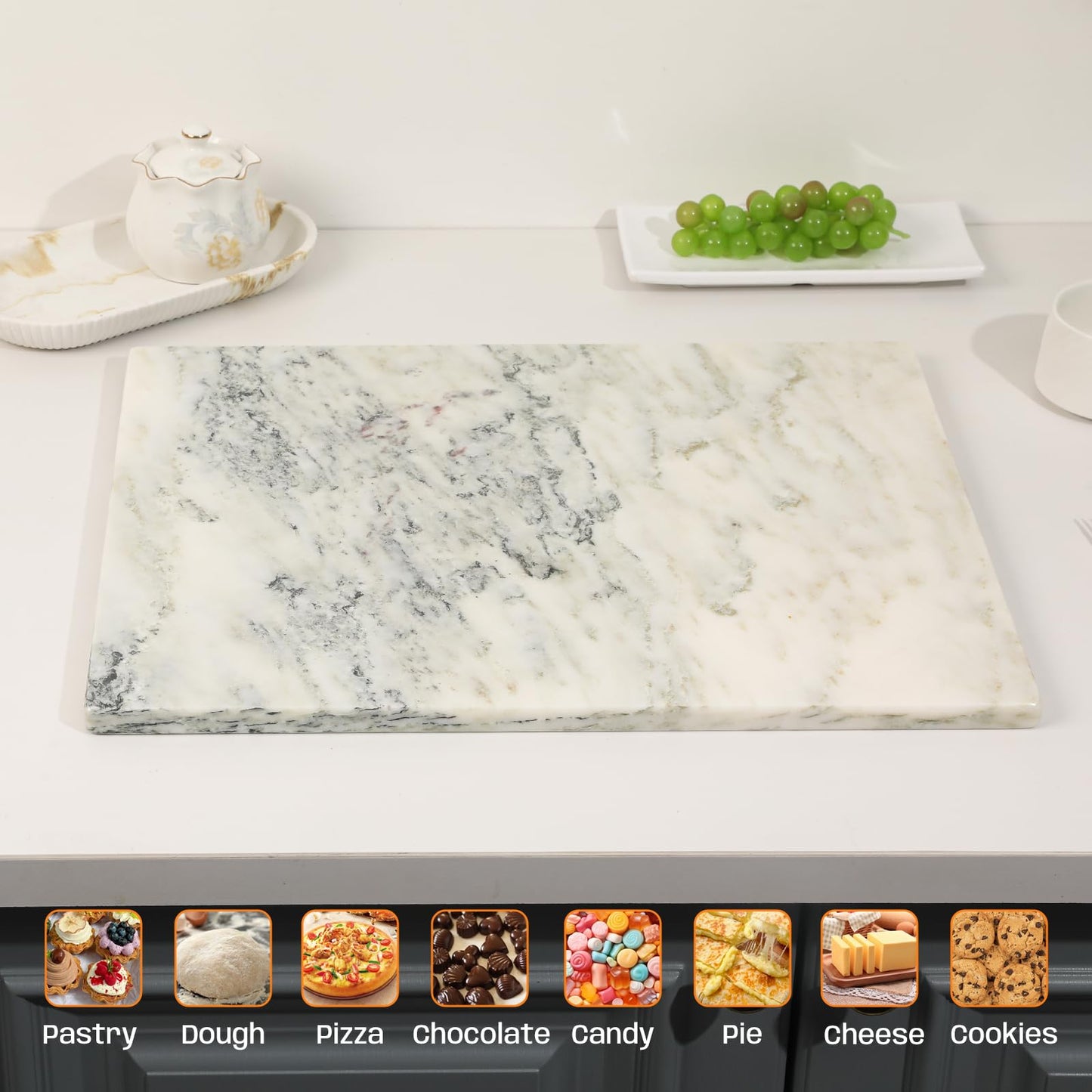 Adolif White Marble Cutting Board, 16x20 Inch Marble Pastry Board With Non-Slip Feet For Cheese, Charcuterie, Dough, Chocolate, Dessert, Pack Of 1 Piece