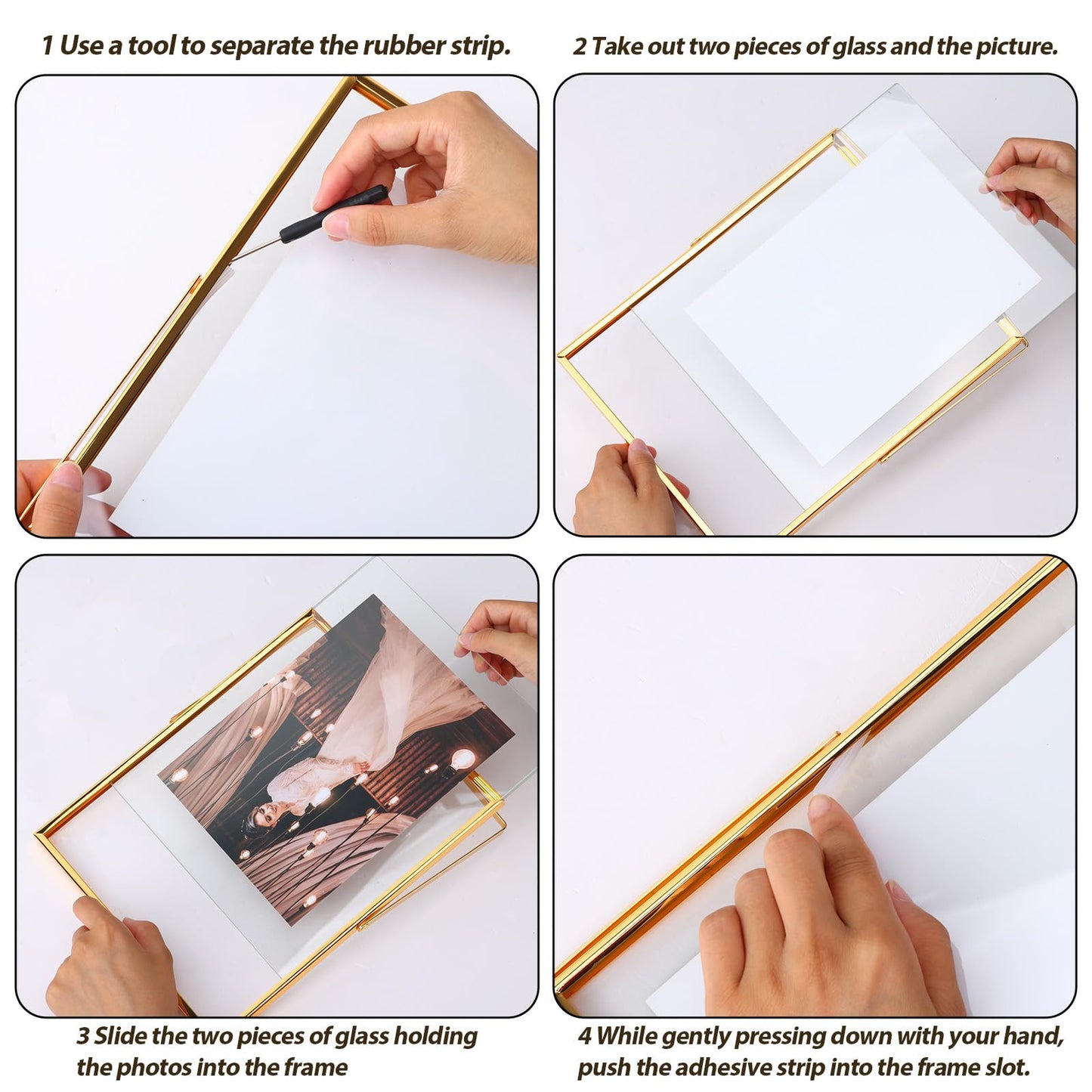Fixwal Gold Floating Picture Frame Set of 2, 8 x 10 Tempered Glass, Tabletop Display, Multi Size Including 6 x 8, 5 x 7