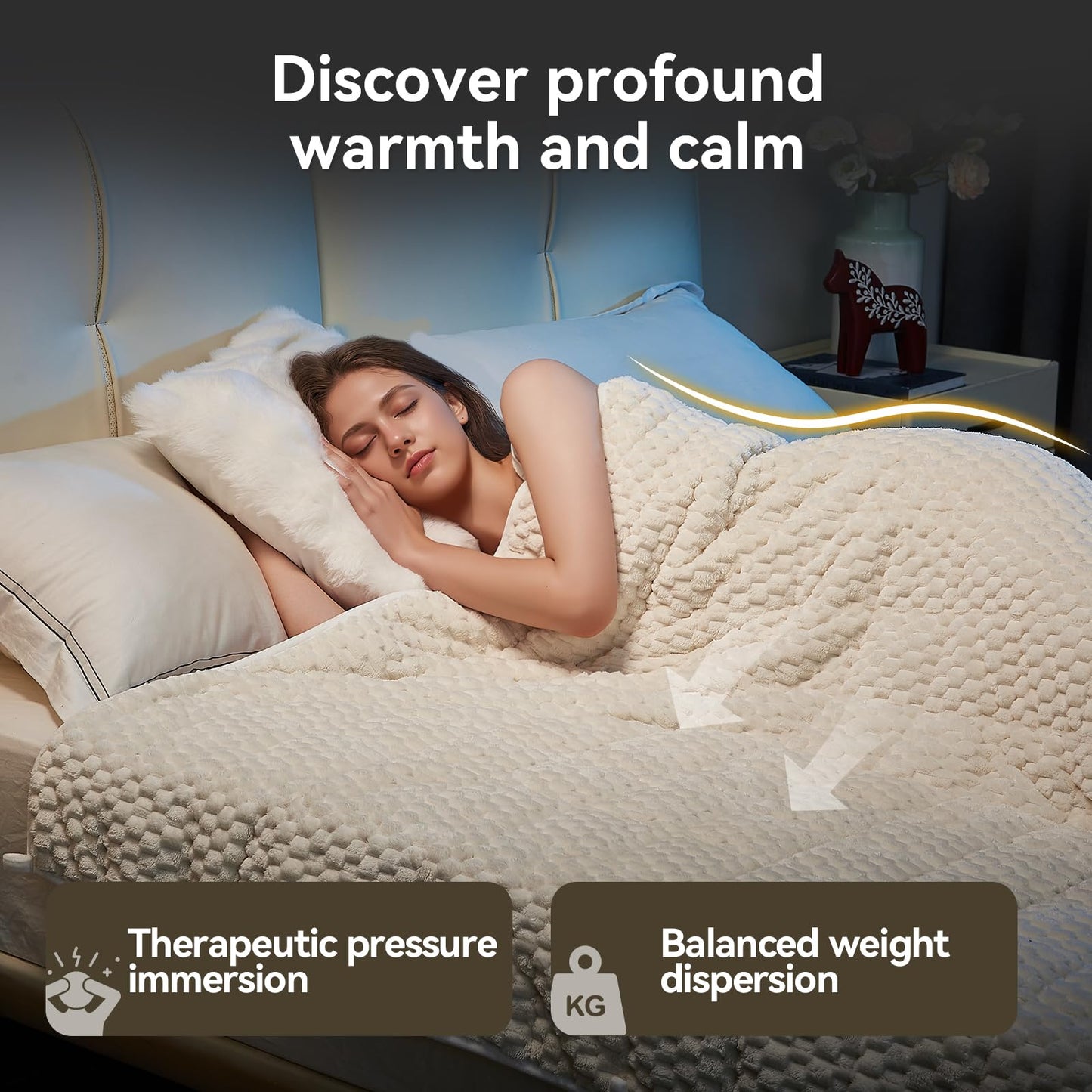 Weighted Blanket Queen Size for Adults,15lbs Jacquard Sherpa Heavy Blanket for Calming and Relax, Dual Sided Ultra Soft Fuzzy Throw Blanket with Glass Beads, 48" x 72", Cream White