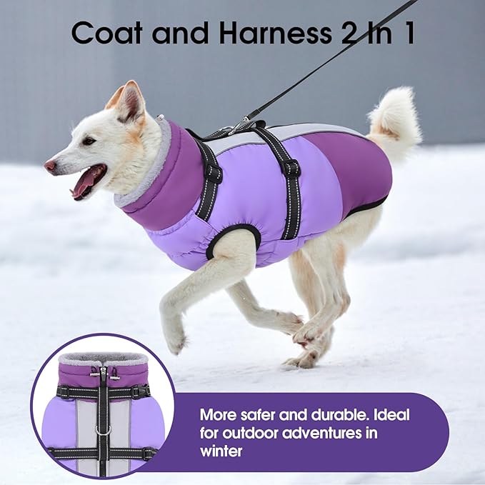 SUNFURA Dog Coat for Small Dogs, Warm Dog Winter Jacket with Harness Built in, Waterproof Pet Snow Jacket Fleece Cold Weather Coats for Puppy Chihuahua, Maltese, Purple XS