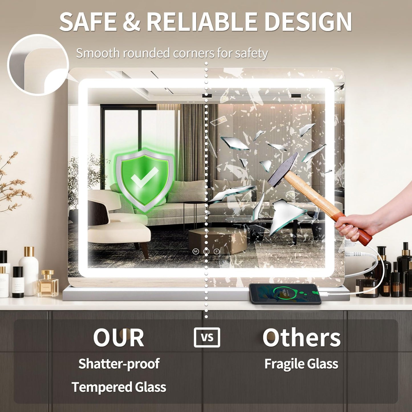 ROLOVE 23"x 18" Large Vanity Mirror with Lights, LED Makeup Mirror for Dresser and Desk, 10X Magnification, Dimmable Touch Control, Wall Mounted or Tabletop Mirror for Bedroom (White)