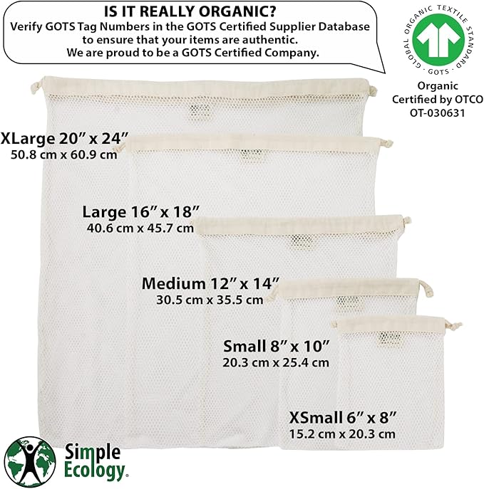 Simple Ecology Organic Cotton Mesh Laundry Bag; Machine Washing Bags for Delicates, Lingerie and Garments, Medium 2 pack