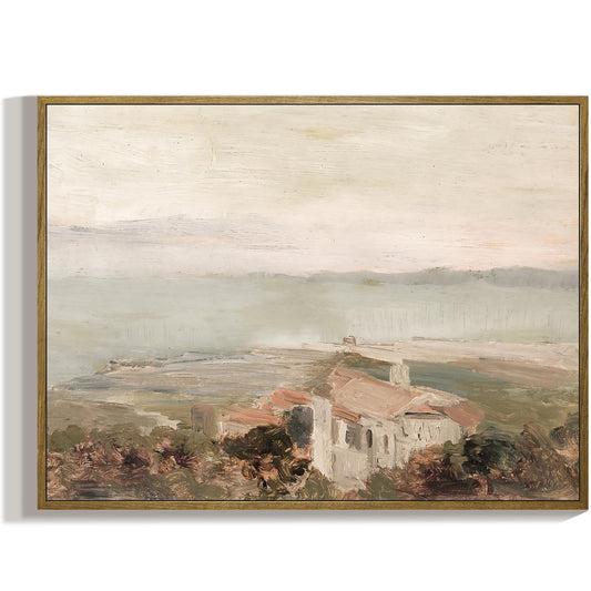 RaphelArt Framed Canvas Wall Art Home Decor,The House on The Coastal Vintage Decor,Warm Tone Landscape Painting Canvas Wall Art Decor for Living Room,Office,Bedroom,Bathroom,Kitchen,12''x16''