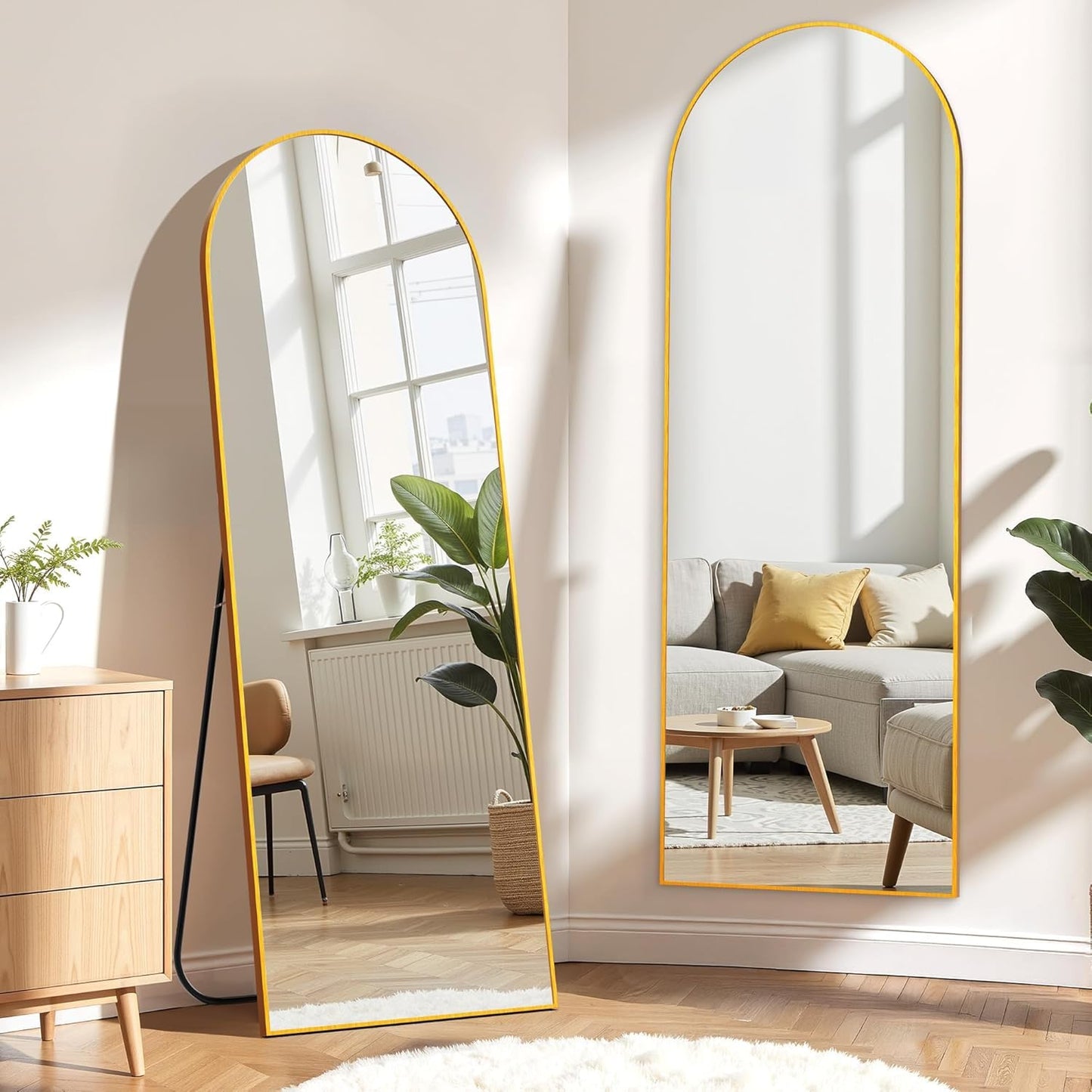 Hexago Arched Full Length Mirror 64"x21", Aluminum Alloy Thin Frame Floor Standing Mirror, Wall Mirror with Stand, HD Explosion-Proof Nano Glass for Bedroom, Living Room, Dressing Room