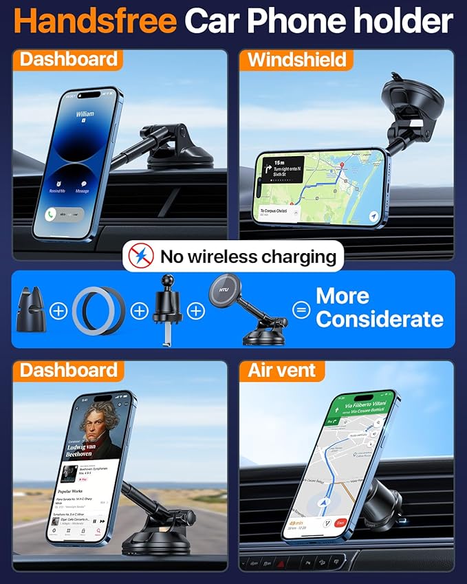 HTU 2025 Upgraded for Magsafe Car Mount [80LBS Strongest Suction & Military-Grade] Powerful Magnetic Cell Phone Holder for Car Dashboard Windshield for iPhone 16 15 14 Pro Max Mini (Dark Grey)