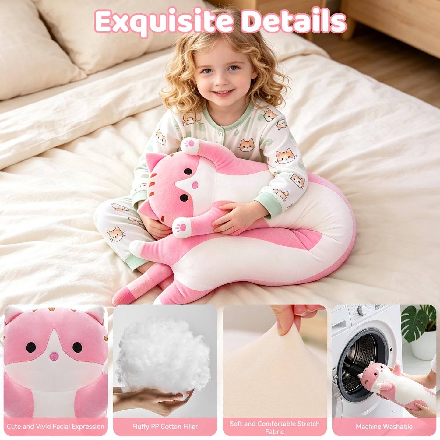 SHINUOER Cute Cat Plush Long Body Pillow – Soft Cartoon Stuffed Animal Doll, Kawaii Cat Plushie Cuddle Toy for Kids, Girls & Girlfriend (Pink, 51.1 Inch)