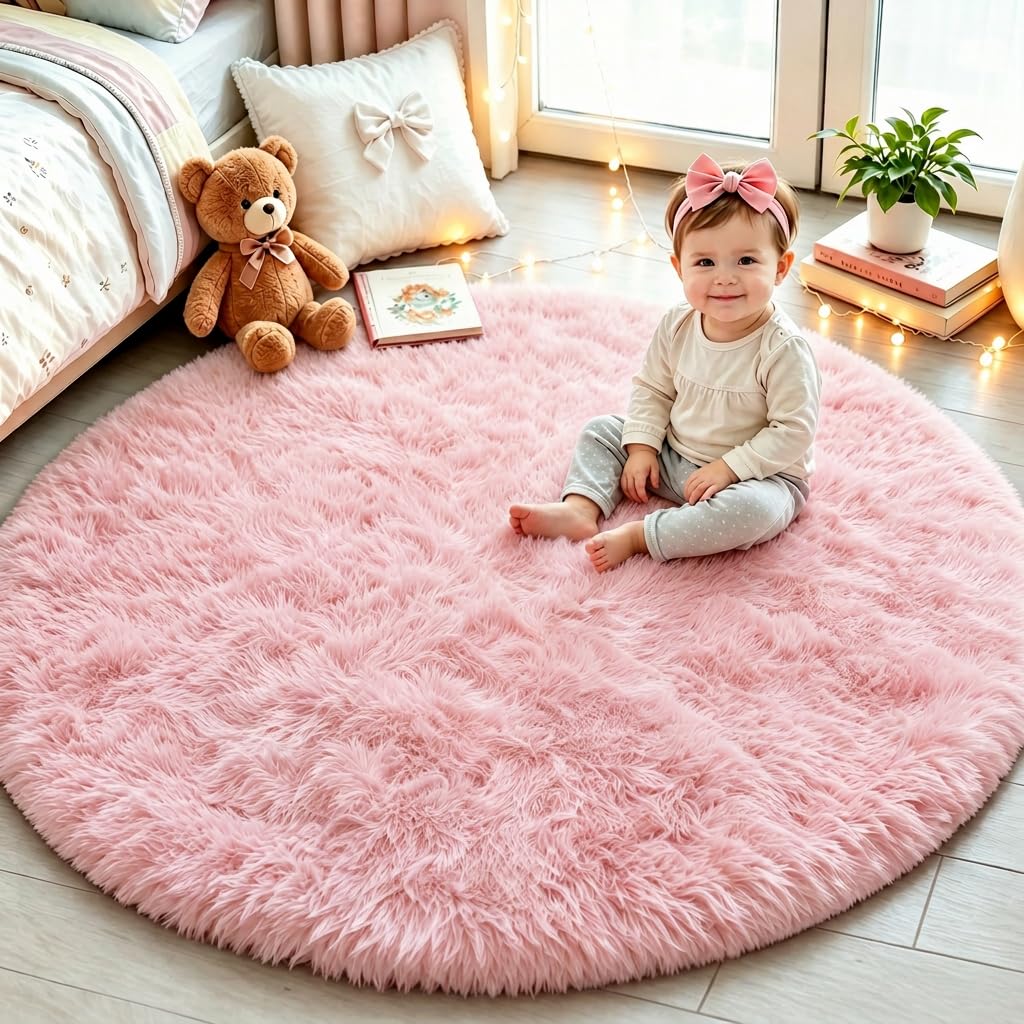 PAGISOFE Pink Round Rug 4Ft for Girls Room Kids Bedroom, Fluffy Shaggy Soft Fuzzy Circle Area Rugs for Girls Bedroom Kids Home Decor Aesthetic, Plush Furry Throw Cute Baby Girl Nursery Room Rug