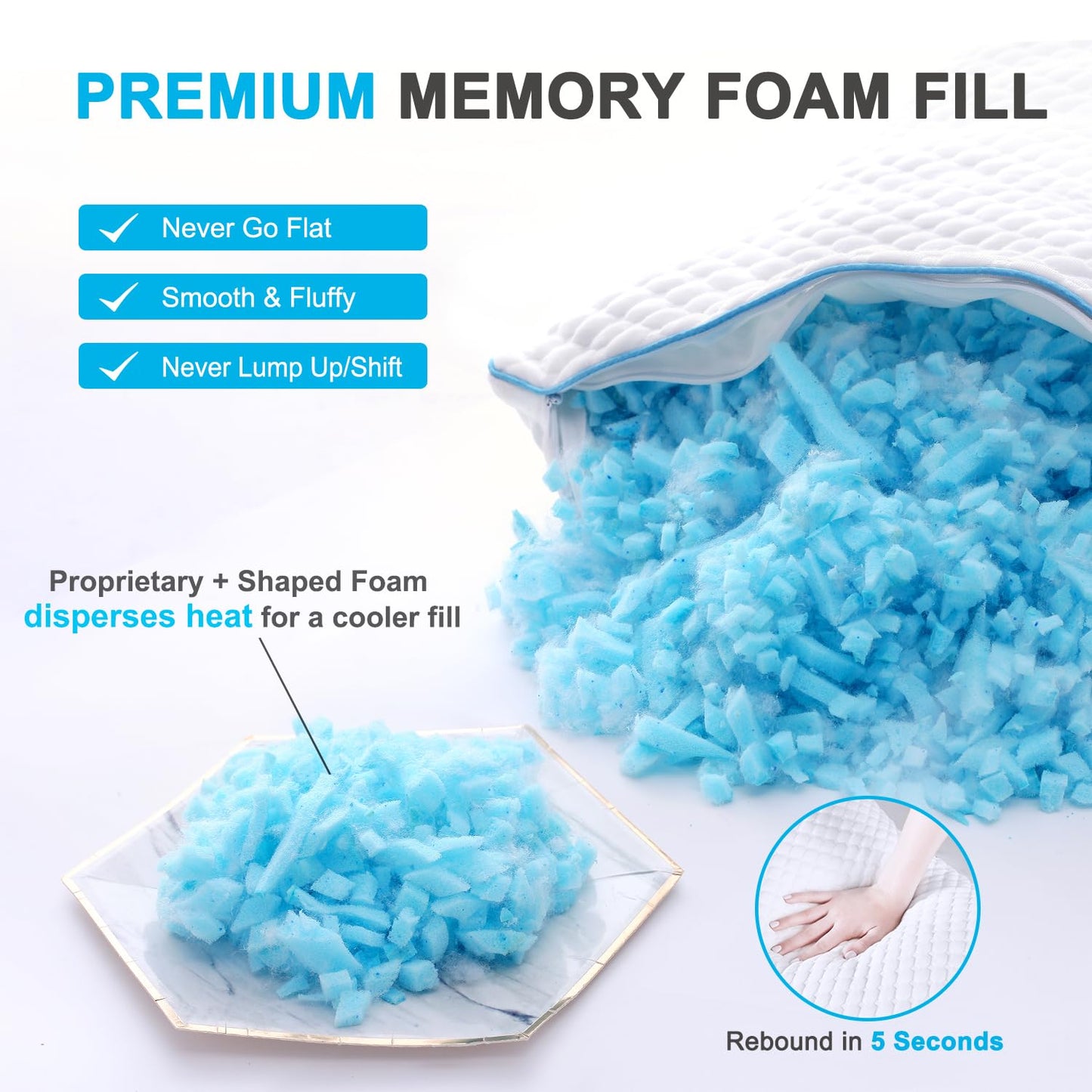 VVZ Cooling Bed Pillows Standard Size Set of 2,Shredded Memory Foam Pillows with Gel, Adjustable Firmness for Side, Back, Stomach Sleepers, 20x26, White