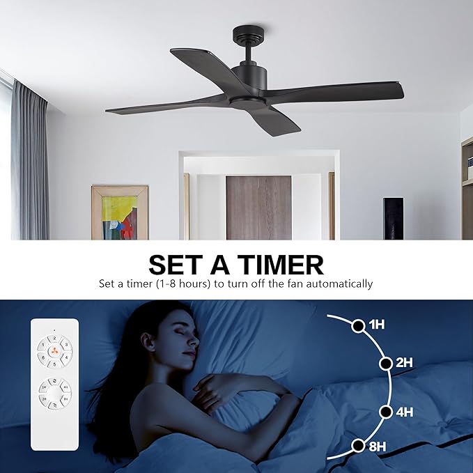 WINGBO 48" DC Ceiling Fan without Lights, 4 Carved Solid Wood Blades, 6-Speed Noiseless Reversible DC Motor, Modern Ceiling Fan No Light with Remote, Matte Black Finish with Black Blades, ETL Listed