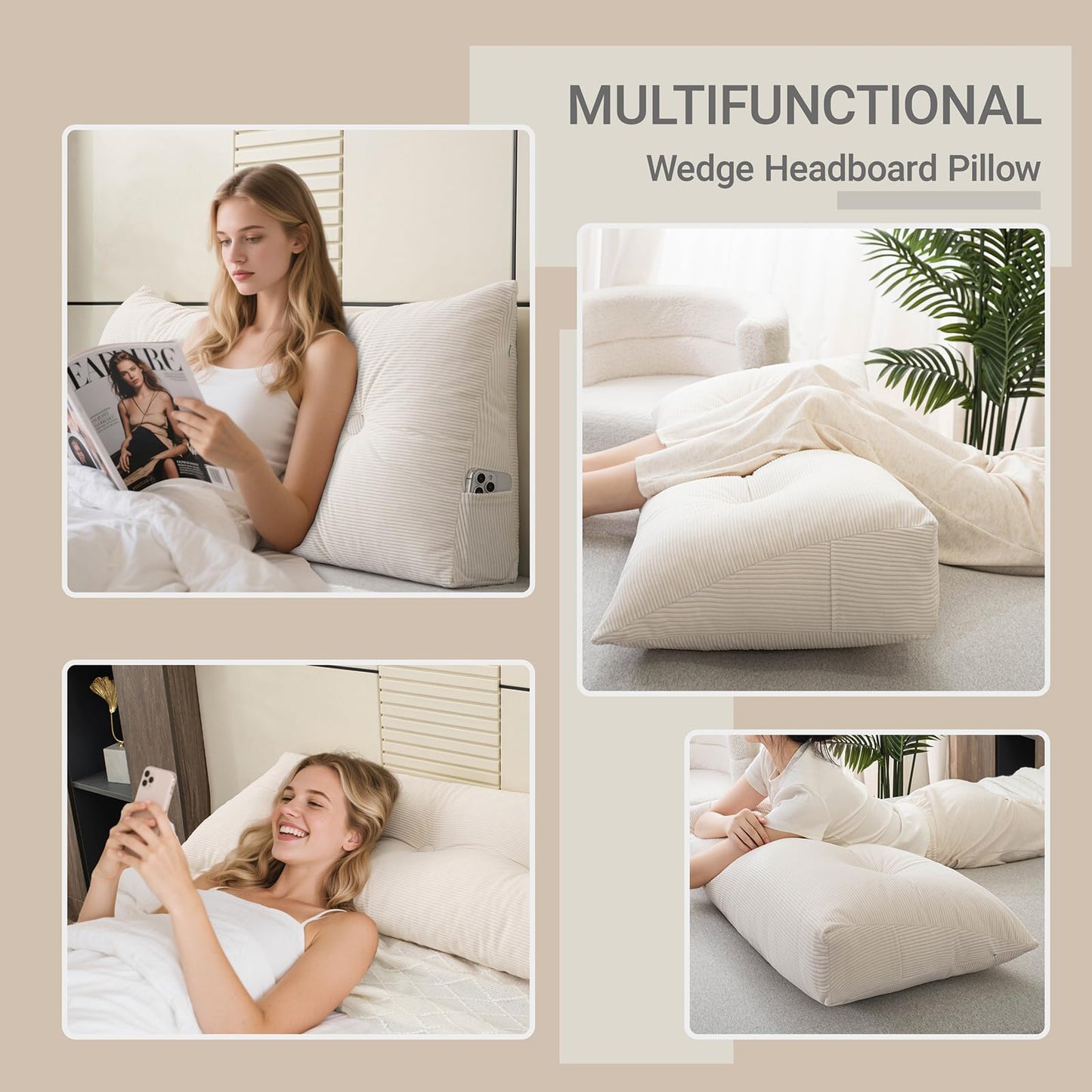 MQK Headboard Pillow Bed Wedge Pillow for Headboard with Side Pocket Dorm Headboard Twin xl Long Back Pillow for Bed Bolster Pillow for Mattress Gap Filler White Reading Pillow for Bedroom Sofa Daybed
