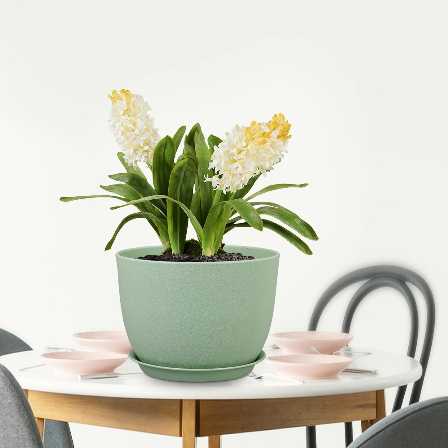 Meowell 12 inch Big Plant Pots, Plastic Planters with Drainage Holes and Trays, Flower Pots for Indoor Outdoor Plants, Modern Decorative Pots for Garden House Plants, Green