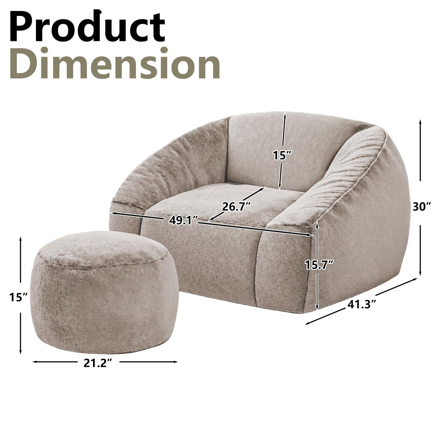 lilanoon Bean Bag Chairs with Ottoman for Adults, Comfy Beanbag Chair with High-Resilience Foam, Oversized Bean Bag Sofa with Soft Faux Fur Fabric, Bean Bag Chair for Living Room,Bedroom,Khaki
