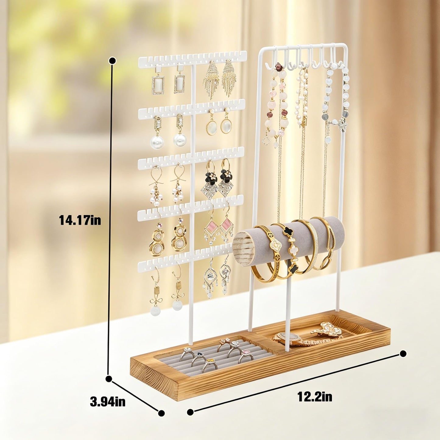 JONKASIPA Jewelry Stand Organizer with Tray, Wooden Base Necklace Rack Tower, Jewelry Display for Rings, Earrings, Bracelets – for Bedroom, Bathroom or Boutique-White