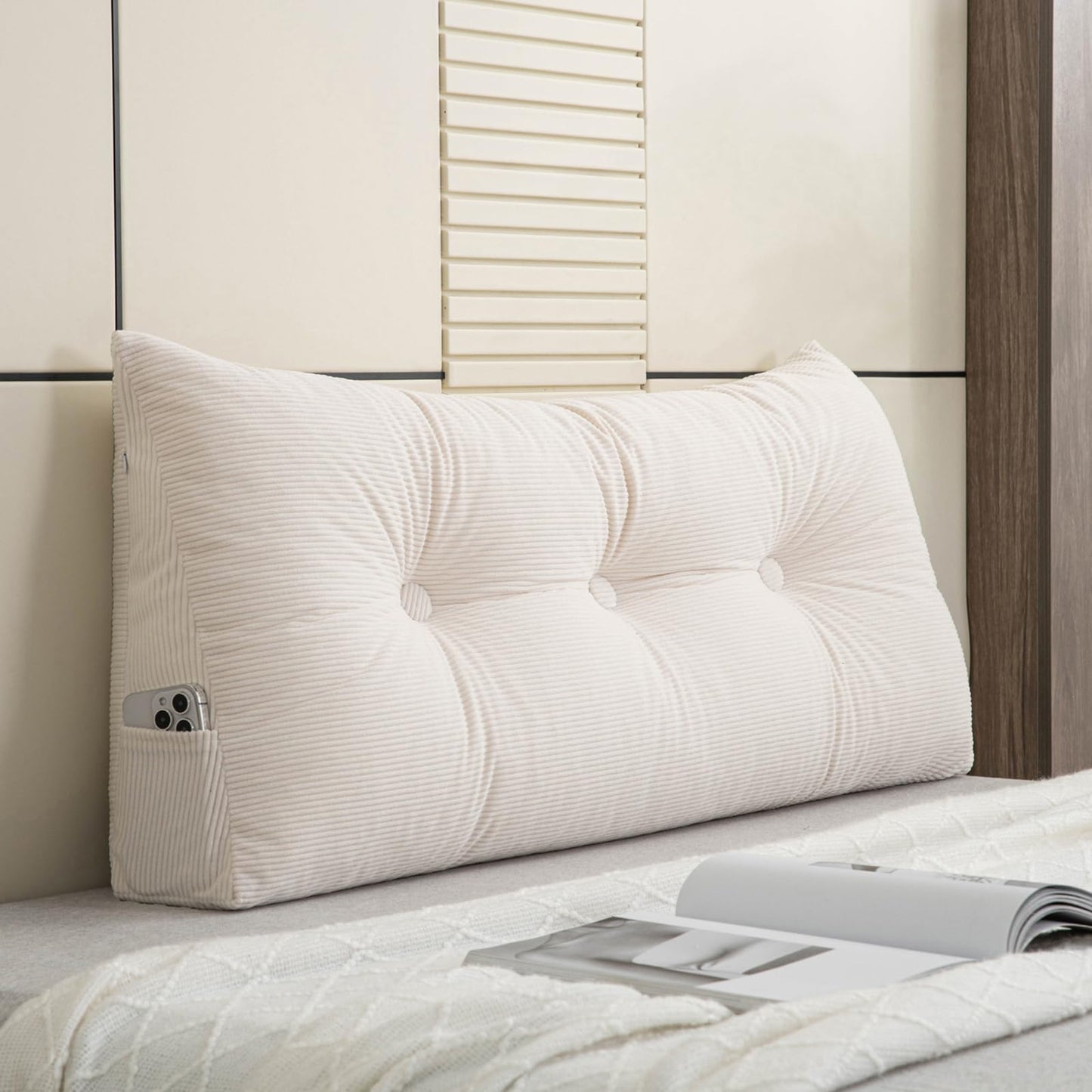 TESICA Dorm Triangular Headboard Bolster Pillow Cream White Wedge Headboard Twin Body Pillow Large Back Cushions for Sitting in Bed, Twin Size