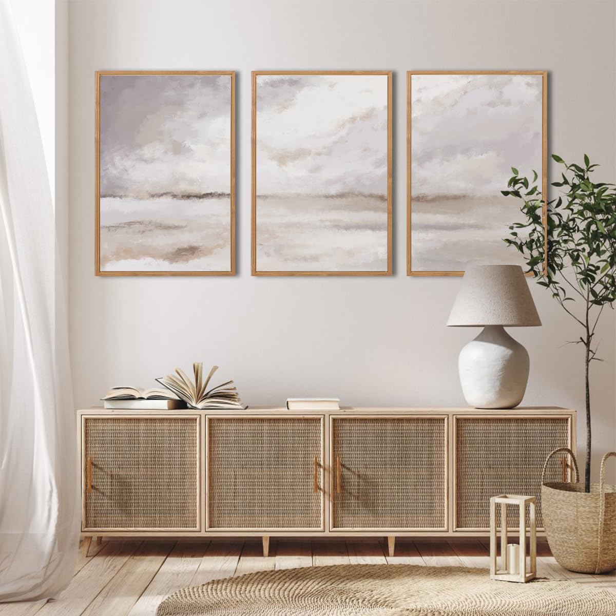 DRACIT Large Neutral Abstract Framed Canvas Wall Art Set,Minimalist Gray and Beige Pastel Wall Decor,Modern Nature Misty Textured Art Painting for Living Room,Bedroom-16 x24 x3