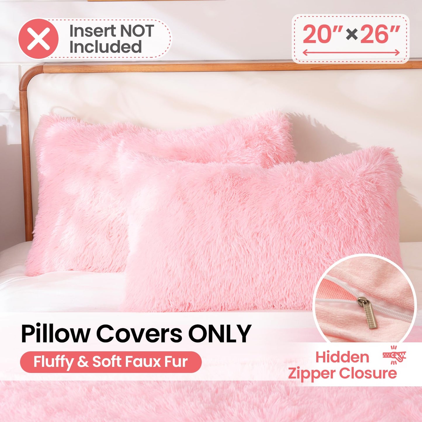 HAIHUA Faux Fur Fluffy Fuzzy Plush Pink Pillow Case Set of 2, Soft Decorative Pillow Covers for Bed, Bedroom, Living Room, Zipper Closure, Standard Size (20"x26", Pink)