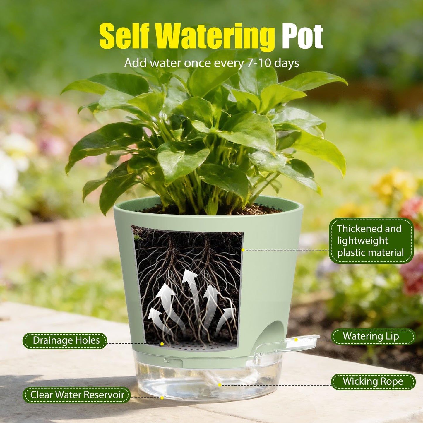 SQKH Plant Pots 4 Inch Self Watering Pots,6 Pack Plastic Planters with Drainage Holes and Clear Saucers,Plastic Flower Pots,Nursery Planting Pot for Indoor Out Door Plants (Green)