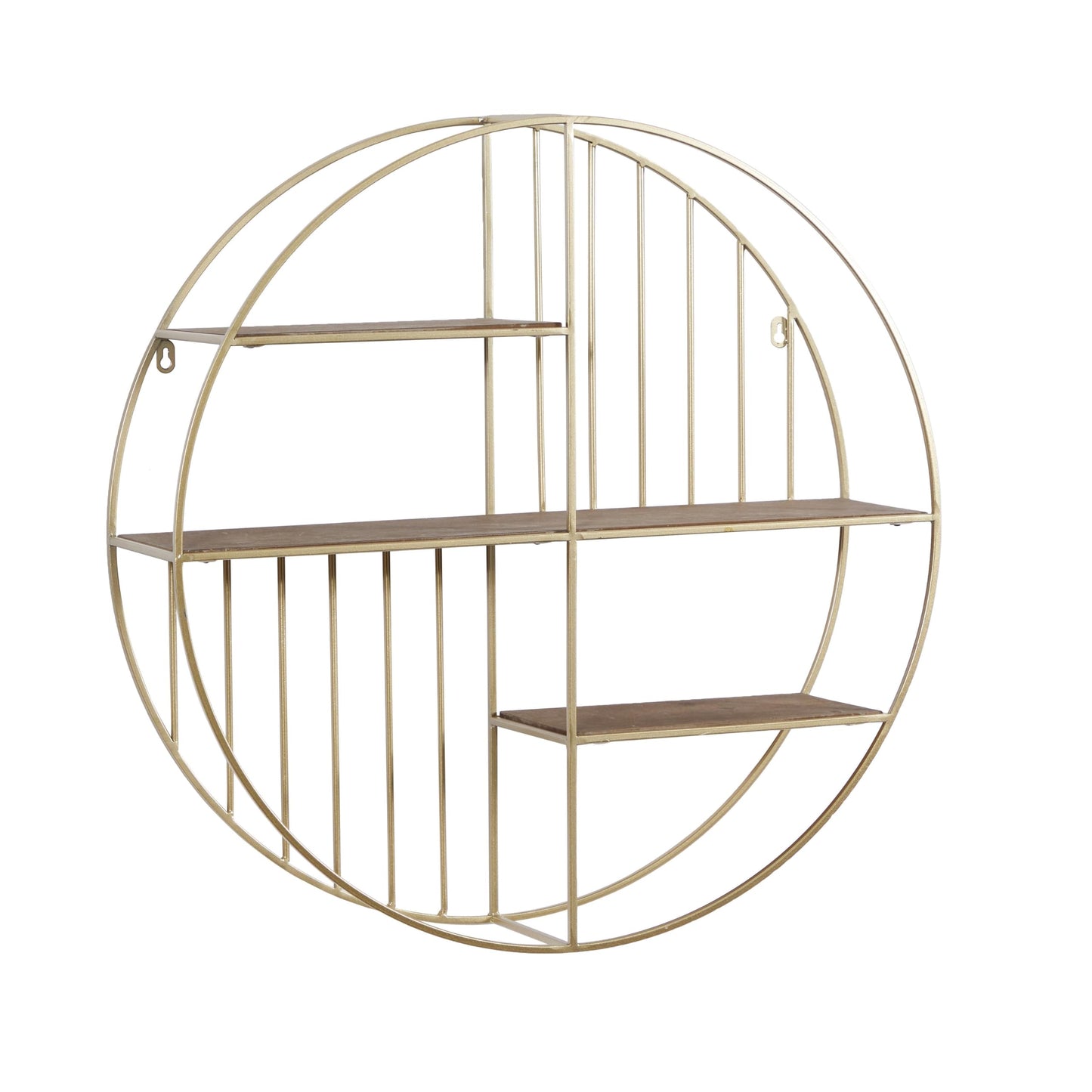 Deco 79 Metal Geometric Wall Shelf Circle with 3 Wood Shelves and Linear Rods, 28" x 7" x 28", Gold