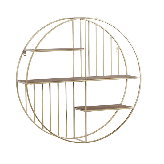Deco 79 Metal Geometric Wall Shelf Circle with 3 Wood Shelves and Linear Rods, 28" x 7" x 28", Gold