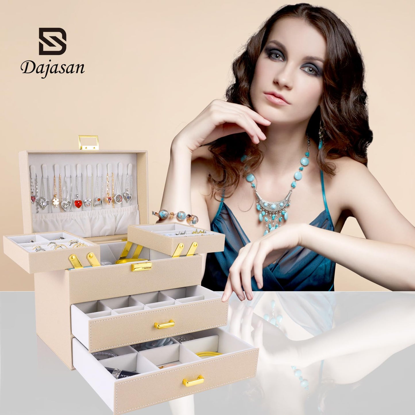 Dajasan Jewelry Organizer Box, Large Jewelry Boxes for Women Girls, Space-Saving 4 Layers Jewelry Storage Case with Drawer, Movable Metal Stand, Modern, Gift Idea (Champagne + Gold)