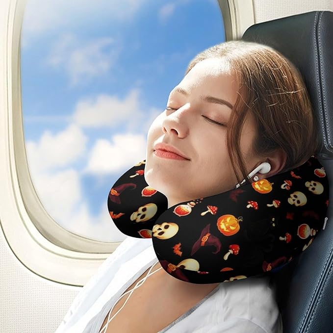 Fashion Travel Pillow Memory Foam Chin Head Support Halloween Witch Black Cat Bat Pumpkin Skull Mushroom, Breathable Washable Cover for Women Men Airplane Car Decor