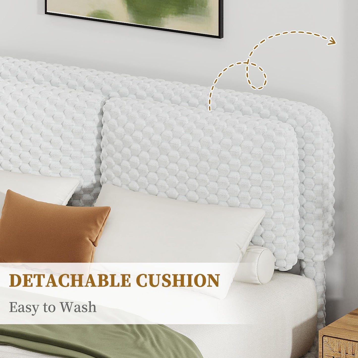 REVOMINCA Full Size Bed Frame with Headboard, Corduroy Upholstered Bed Frame, Wooden Slats Support, No Box Spring Needed, Easy Assembly, White