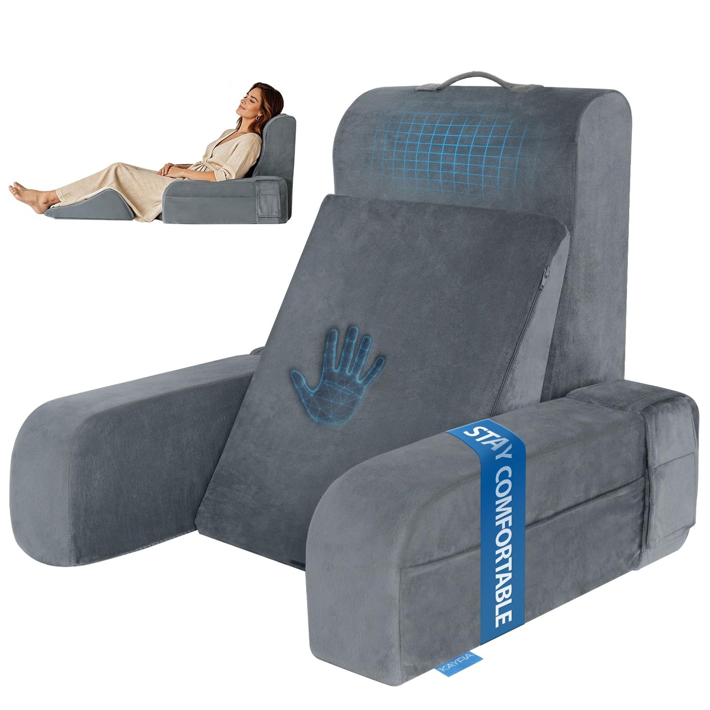 Kayfia Reading Pillow, 10 in 1 Back Pillow for Bed Sitting up with Detachable Arms Rest, Back Rest with Gel Memory Foam, Reading/Gaming/Working in Bed or Couch 19", Gray