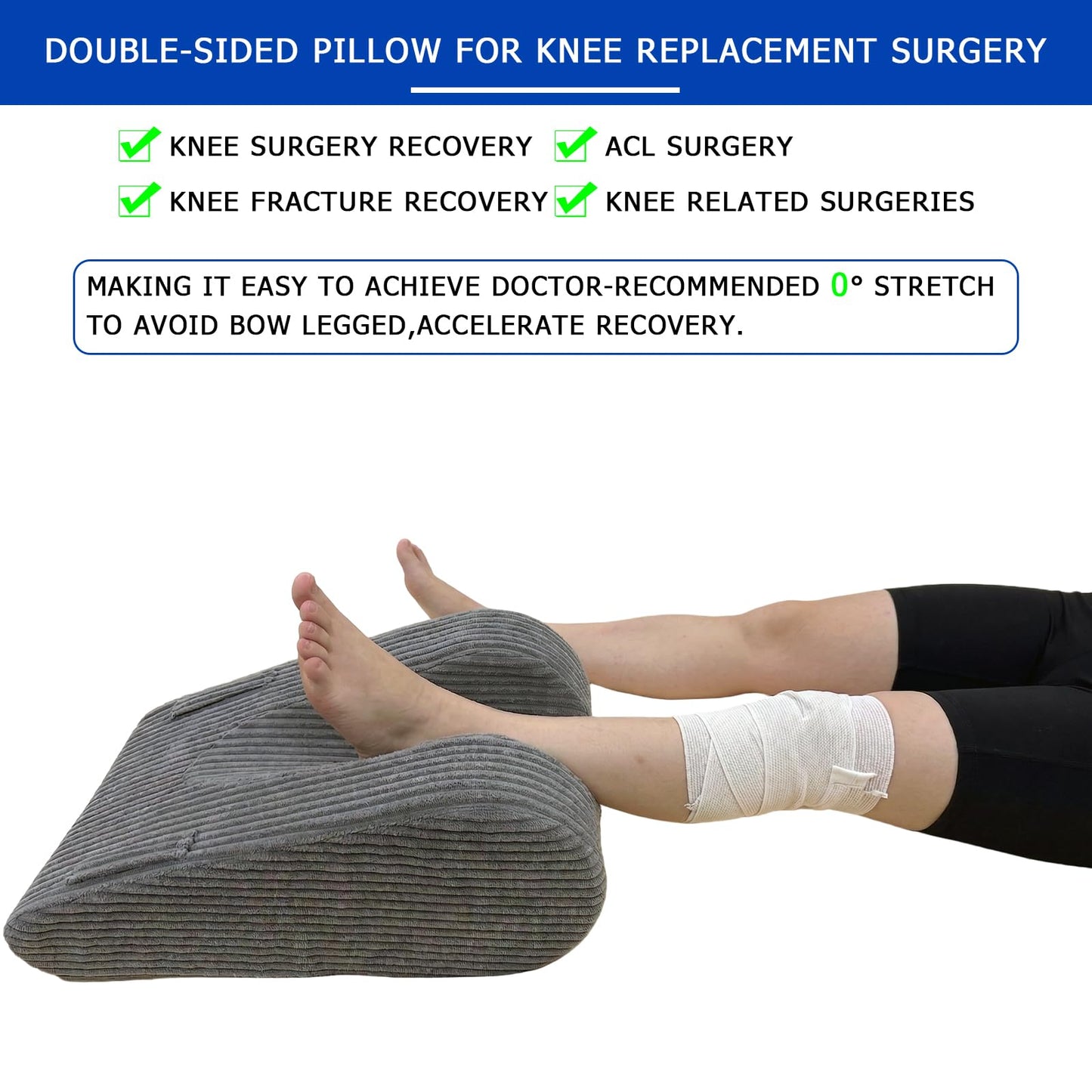 Wellbrance Knee Replacement Recovery Aids, Double-Sided Leg Elevation Pillow for After Surgery, Extension & Elevation Wedge for Knee Hip Ankle Support, Corduroy Leg Support with Handles, Leg Lifter