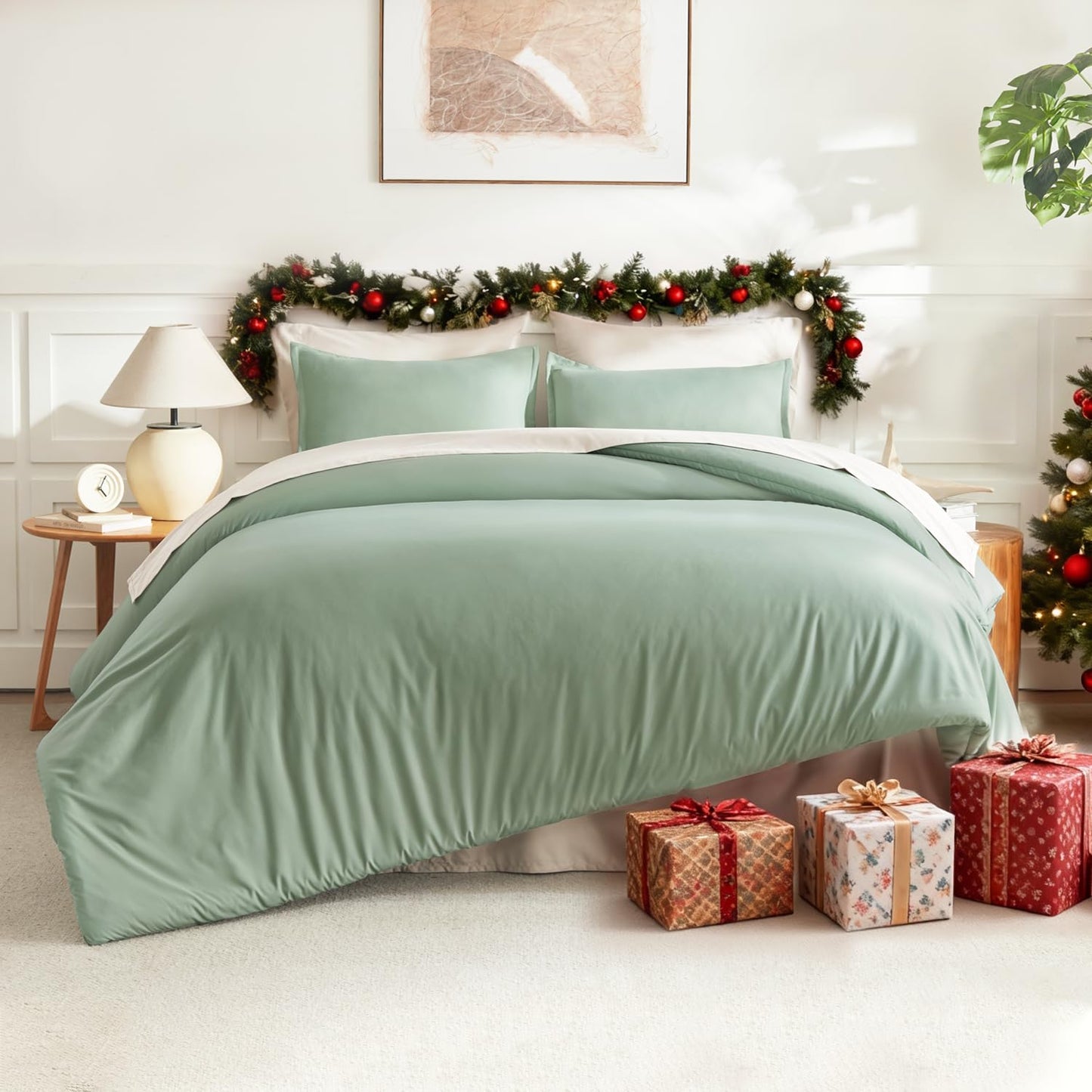 Litanika Queen Comforter Set Sage Green, 3 Pieces Lightweight Comforters Queen Size Solid Bedding Comforters Sets, Down Alternative Comforter Bed Set Quilt Blanket