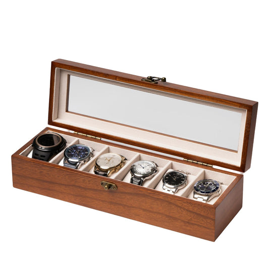 Exper City Watch Box, Watch Case for Men Women with Large Glass Lid, Wooden Watch Display Storage Box with 6 - Slots, Classic Walnut Mens Watch Box Organizer