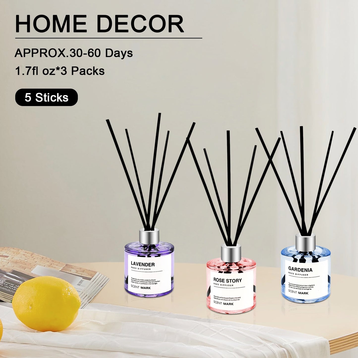 POWSHELF Reed Diffuser Set of 3 Pack,50ML Lavender Rose Gardenia Scented Oil Diffuser with 5 Sticks,Home Fragrance Reed Diffuser for Bedroom Bathroom Office (Lavender/Rose/Gardenia)