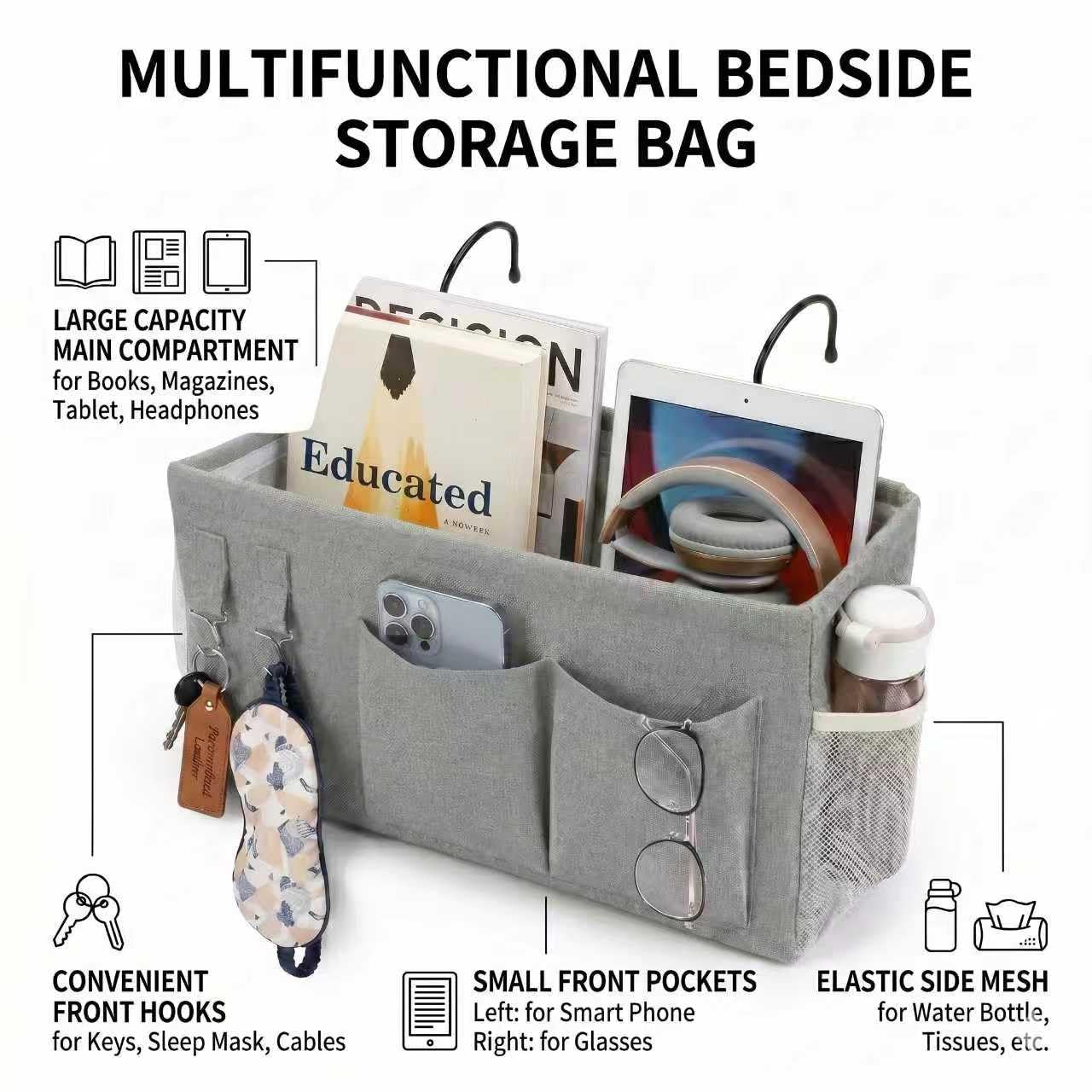 2pc Bedside Caddy Organizer with Hooks, No-Sagging Canvas Hanging Bed Pocket with Water Bottle Holder, Bedside Storage for Dorm Room Essentials, Bunk Bed Accessories, Hospital Bed Rails & Crib (gray)