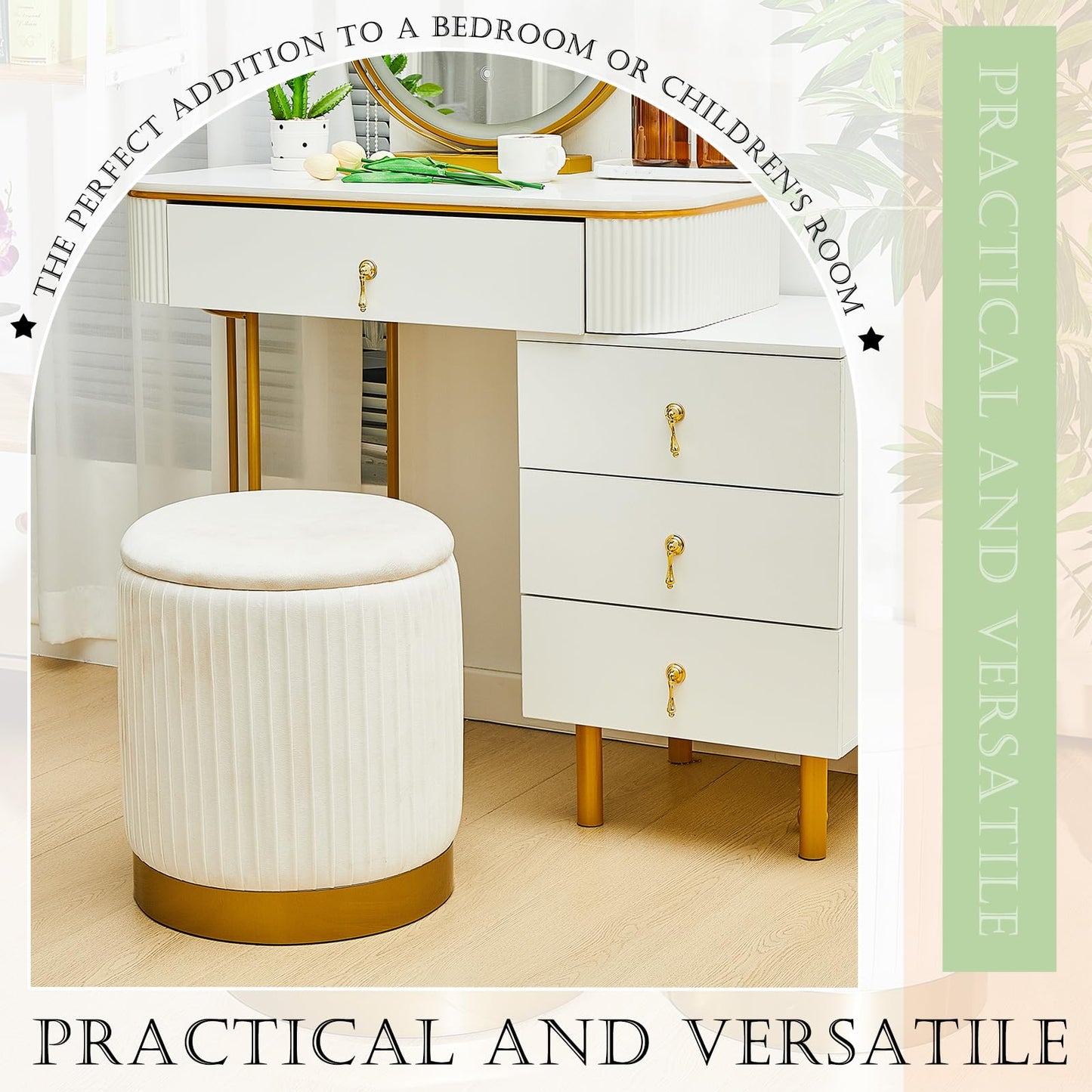 Barydat 2 Pcs Round Ottoman with Storage White Velvet Storage Ottoman Stool with Removable Lid Gold Base for Dorm Living Room Bedroom