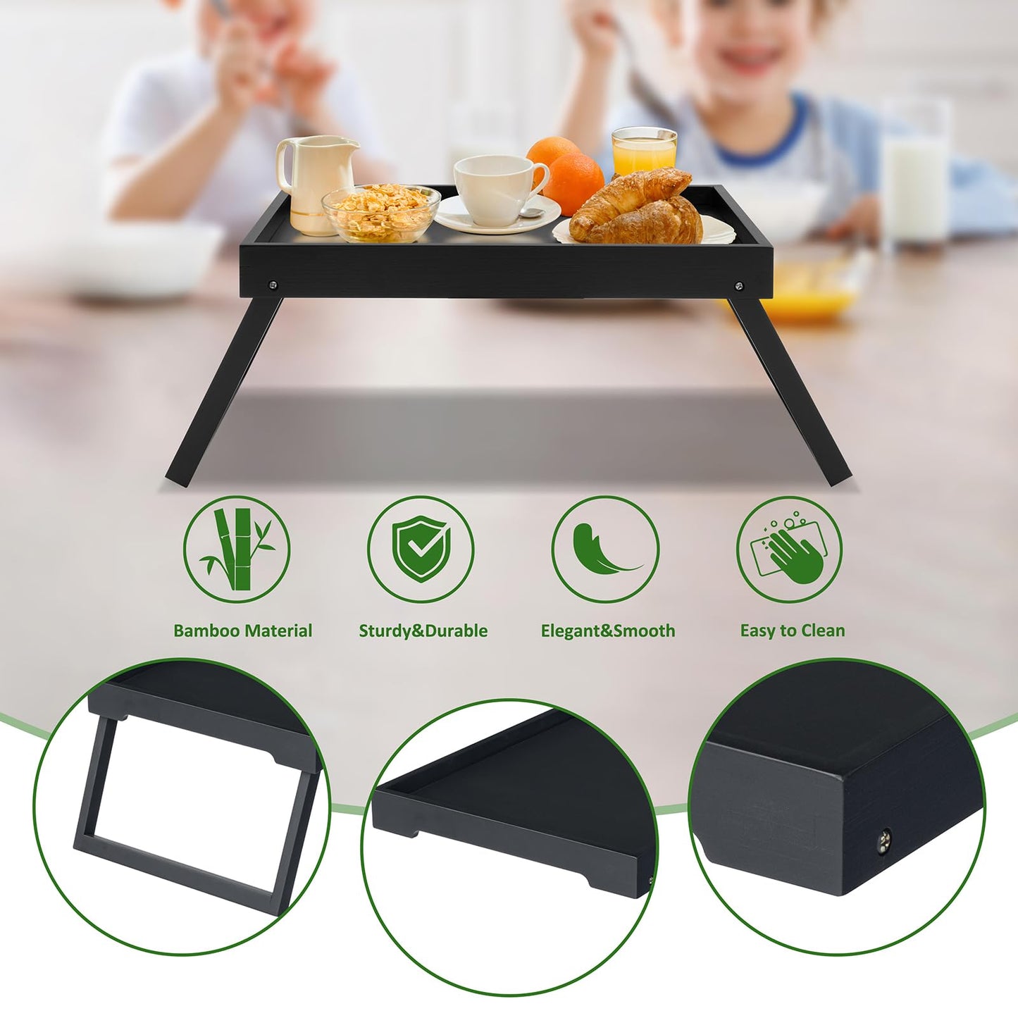 Kaukinye Bamboo Bed Tray Table with Foldable Legs, Breakfast Tray (Black)